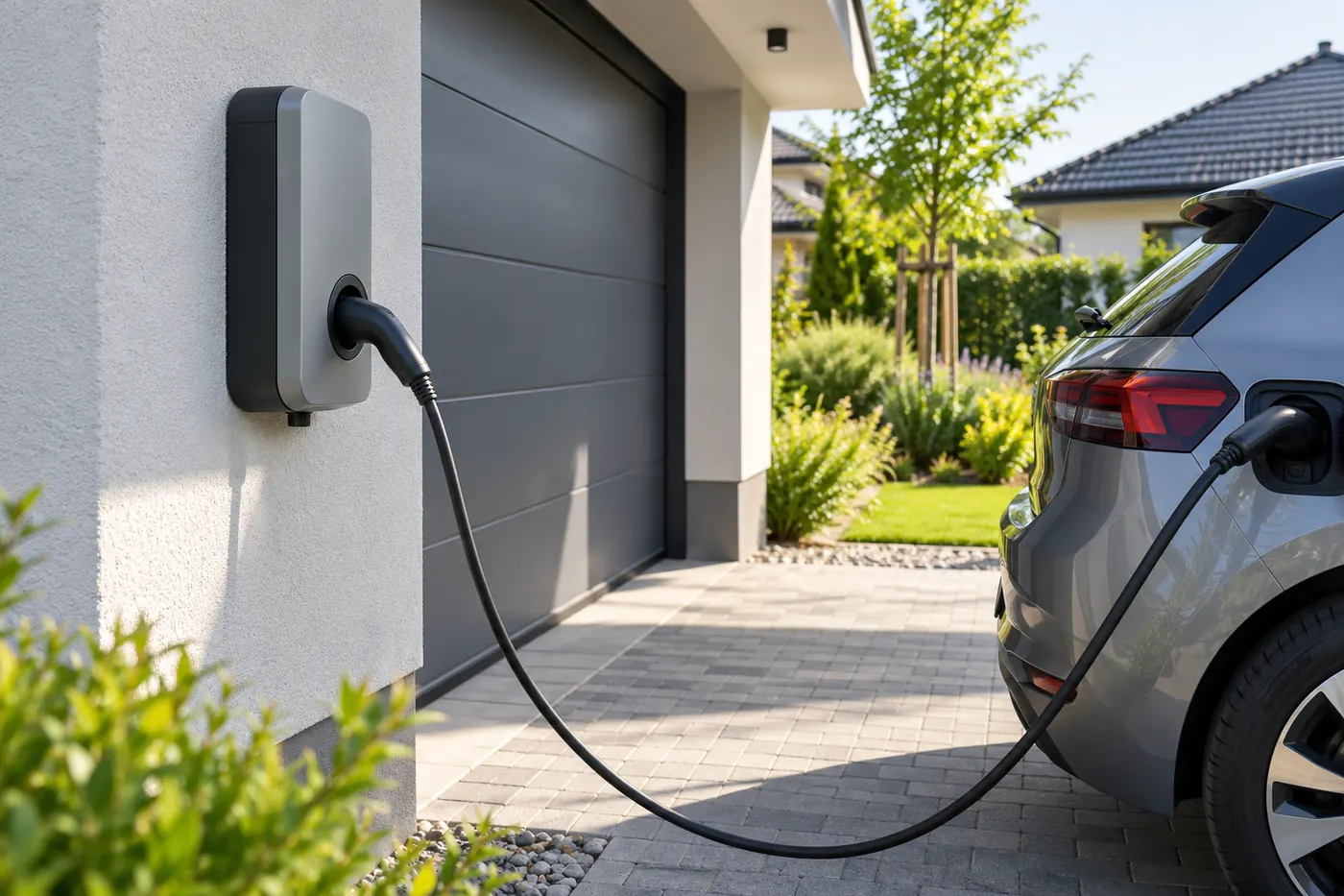Wizualizacja AI: ładowarka samochodu elektrycznego przy garażu